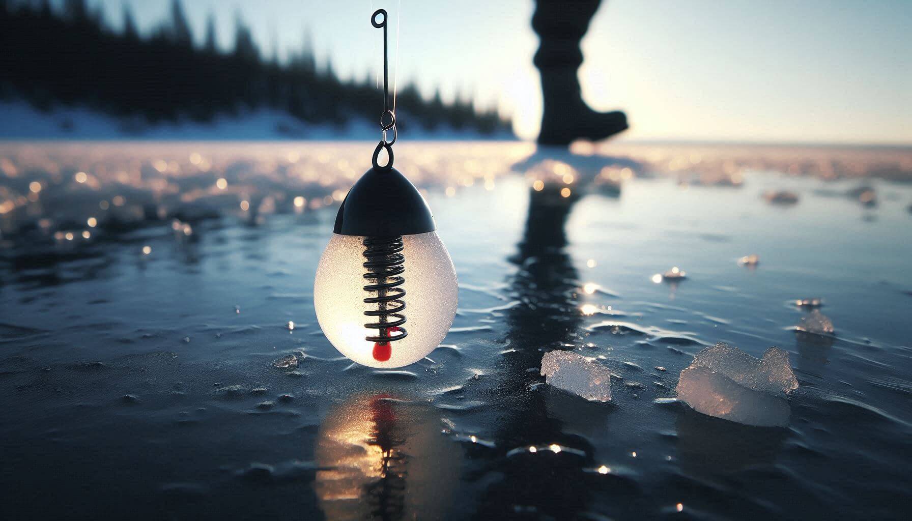 Show a close-up of a spring bobber on an ice fishing rod, moving slightly with a bite.