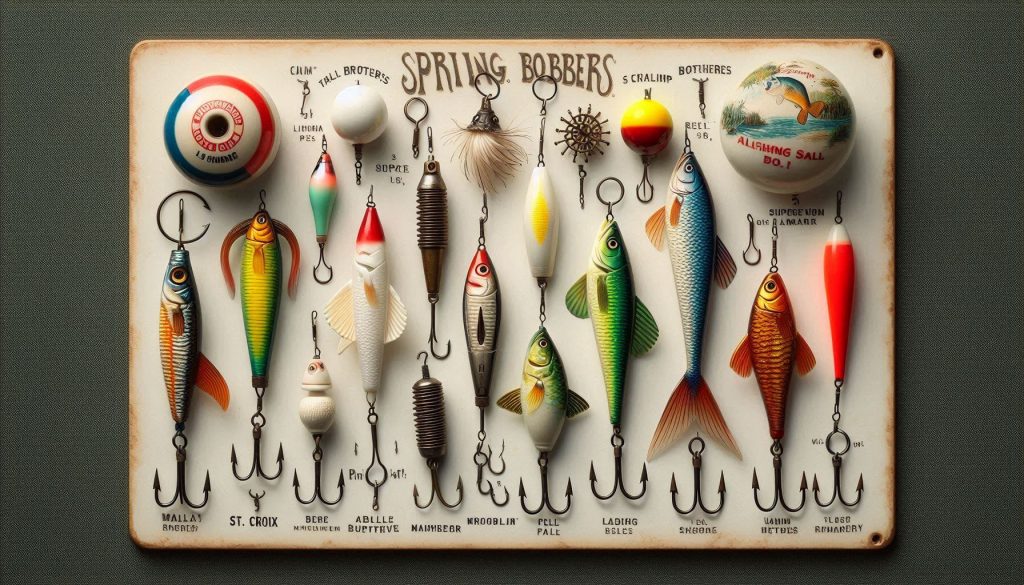 Show the different spring bobbers from popular brands like St. Croix, Thorne Brothers, and Clam.